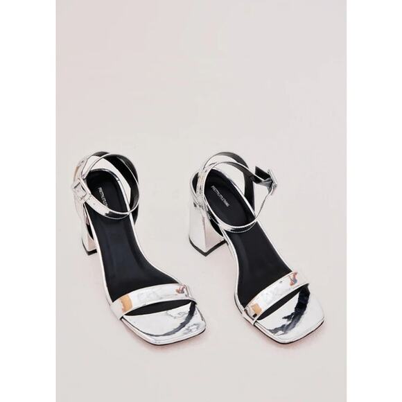 PrettyLittleThing Silver Metallic Ankle Strap Square Toe Block Heels Size 4 - Picture 1 of 8